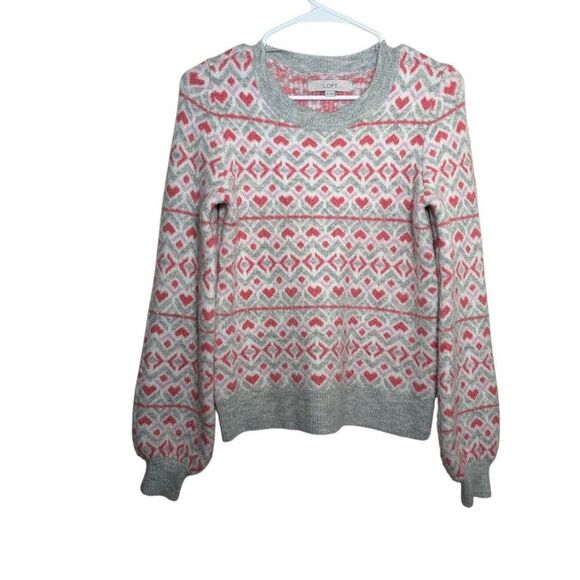 Loft Sweater Women's XS Gray Pink Hear Balloon Sleeve Pullover Crew Neck - Picture 1 of 11